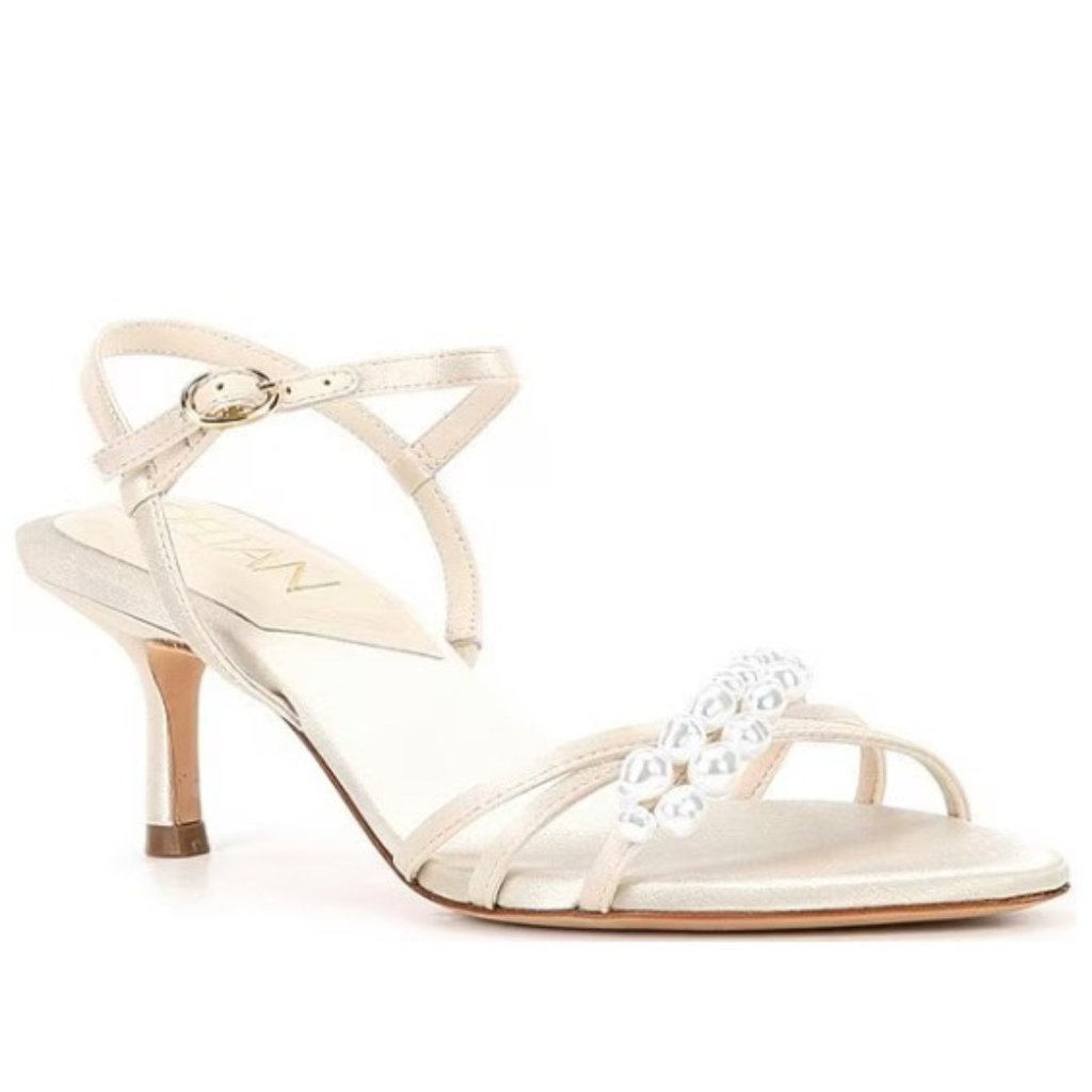 Deltan Beige Ariatwo Satin Pearl Ornament Dress Sandals - Sz 8.5 - Nwot